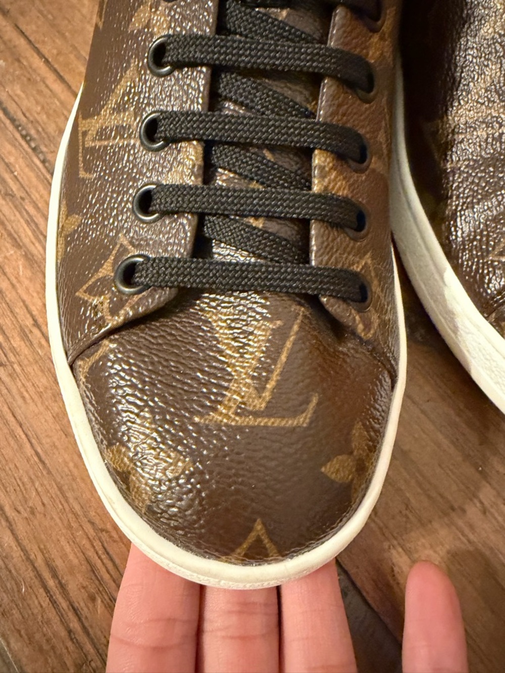 Louis Vuitton Brown Monogram Frontrow Sneakers with Gold Accents - Picture 3 of 12
